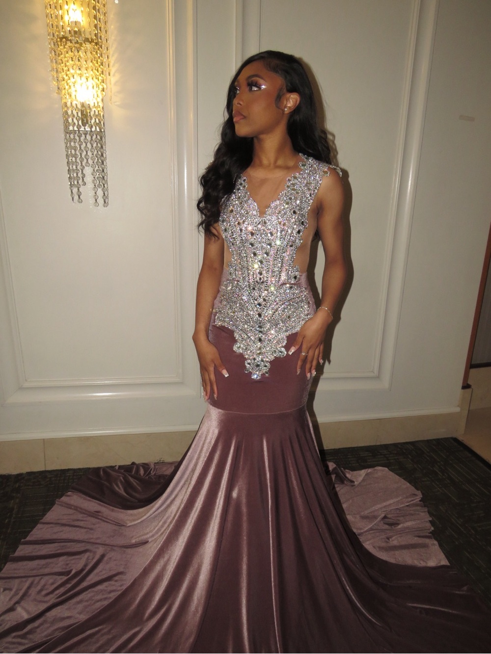 Crystal-Embellished Mauve Mermaid Prom Dress